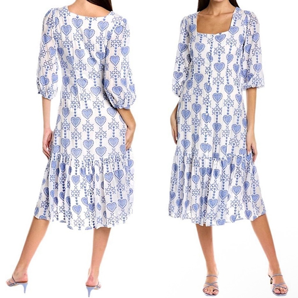 Johnny Was Jade Beau Allover Heart Embroidered Midi Dress Large